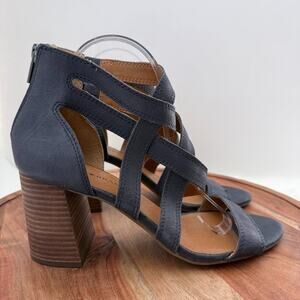 Lucky Brand Sandals Womens‎ Size 10 Navy Leather LK Vyrah Strappy Block Heel Zip